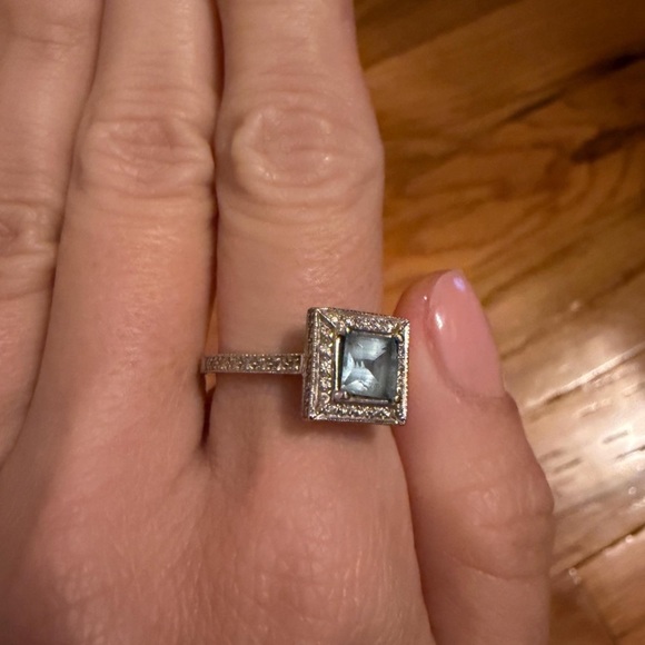 Vintage Art Deco style 18k white gold aquamarine ring with diamonds - Picture 7 of 8